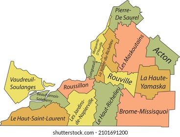 Pastel Flat Vector Administrative Map Of MONTÉRÉGIE, QUEBEC, CANADA With Black Border Lines And Name Tags Of Its Municipalities