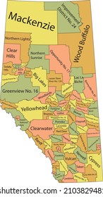 Pastel flat vector administrative map of Canadian province of ALBERTA, CANADA with black border lines and name tags of its municipal districts, special areas, municipalities and improvement districts