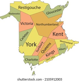 Pastel flat vector administrative map of the Canadian territory of NEW BRUNSWICK, CANADA with black border lines and name tags of its counties