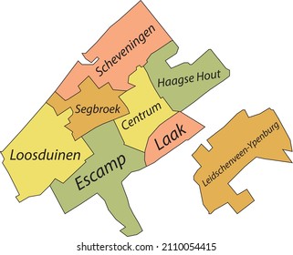 Pastel flat vector administrative map of THE HAGUE, NETHERLANDS with name tags and black border lines of its districts