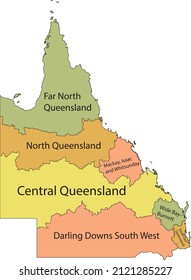 Pastel flat vector administrative map of regions of the Australian state of QUEENSLAND, AUSTRALIA with black border lines and name tags of its regions