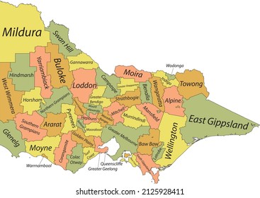 Pastel flat vector administrative map of local government areas of the Australian state of VICTORIA, AUSTRALIA with black border lines and name tags of its areas