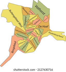 Pastel flat vector administrative map of AMERSFOORT, NETHERLANDS with name tags and black border lines of its districts