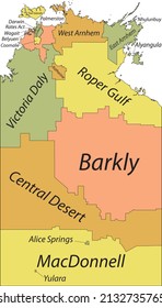 Mapa administrativo del vector plano pastoral de las zonas del electorado del territorio australiano del TERRITORIO NORTE, AUSTRALIA con líneas fronterizas negras y etiquetas de nombres de sus zonas