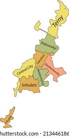 Pastel flat vector administrative map of KRYVYI RIH, UKRAINE with name tags and black border lines of its districts