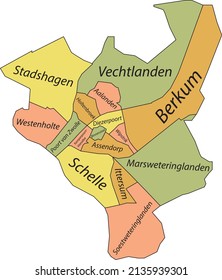 Mapa administrativo del vector plano de pastoreo de ZWOLLE, PAÍSES BAJOS con etiquetas de nombres y líneas de frontera negra de sus distritos