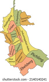 Pastel flat vector administrative map of LINZ, AUSTRIA with name tags and black border lines of its districts