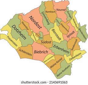 Pastel flat vector administrative map of WIESBADEN, GERMANY with name tags and black border lines of its districts