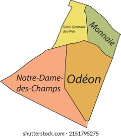 Mapa administrativo del vector plano Pastel del 6º ARONDISSEMENT (DU LUXEMBOURG), PARIS, FRANCIA con etiquetas de nombre y líneas de frontera negra de sus cuarteles.