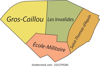 Mapa administrativo del vector plano Pastel del 7° ARONDISSEMENT (DU PALAIS-BOURBON), PARIS, FRANCIA con etiquetas de nombre y líneas de frontera negra de sus cuarteles.