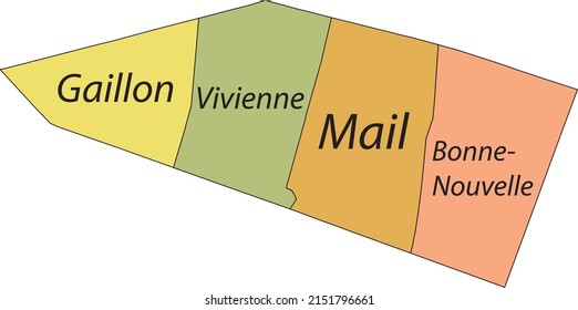 Pastel flat vector administrative map of the 2ND ARONDISSEMENT (DE LA BOURSE), PARIS, FRANCE with name tags and black border lines of its quarters