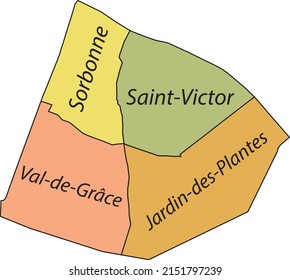 Mapa administrativo del vector plano Pastel del 5º ARONDISSEMENT (DU PANTHÉON), PARIS, FRANCIA con etiquetas de nombre y líneas de frontera negra de sus cuarteles.