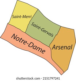 Pastel flat vector administrative map of the 4TH ARONDISSEMENT (DE L'HÔTEL-DE-VILLE), PARIS, FRANCE with name tags and black border lines of its quarters