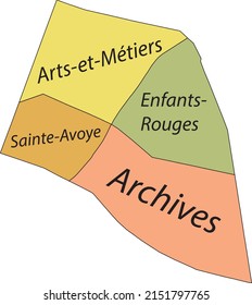 Mapa administrativo de vector plano Pastel del 3er ARONDISSEMENT (DU TEMPLE), PARIS, FRANCIA con etiquetas de nombre y líneas de borde negro de sus cuarteles