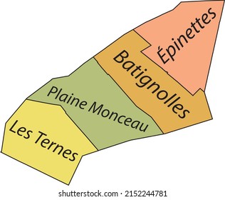 Pastellflache Vektor-Verwaltungskarte des 17. ARONDISSEMENT (DES BATIGNOLLES-MONCEAU), PARIS, FRANKREICH mit Namensschildern und schwarzen Grenzlinien seiner Quartiere