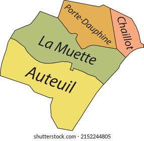 Pastel flat vector administrative map of the 16TH  ARONDISSEMENT (DE PASSY), PARIS, FRANCE with name tags and black border lines of its quarters