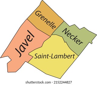 Pastel flat vector administrative map of the 15TH  ARONDISSEMENT (DE VAUGIRARD), PARIS, FRANCE with name tags and black border lines of its quarters