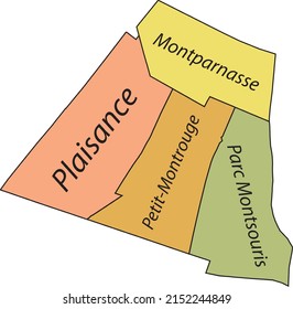 Pastel flat vector administrative map of the 14TH  ARONDISSEMENT (DE L'OBSERVATOIRE), PARIS, FRANCE with name tags and black border lines of its quarters