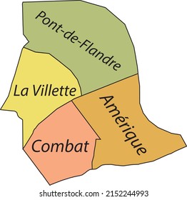 Pastellflache Vektor-Verwaltungskarte des 19. ARONDISSEMENT (DES BUTTES-CHAUMONT), PARIS, FRANKREICH mit Namensschildern und schwarzen Grenzlinien seiner Quartiere