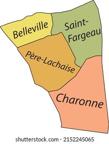 Pastel flat vector administrative map of the 20TH  ARONDISSEMENT (DE MÉNILMONTANT), PARIS, FRANCE with name tags and black border lines of its quarters