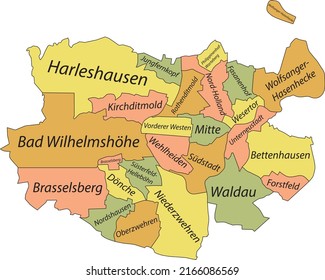 Pastel flat vector administrative map of KASSEL, GERMANY with name tags and black border lines of its districts