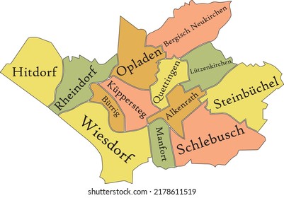 Pastel flat vector administrative map of LEVERKUSEN, GERMANY with name tags and black border lines of its districts