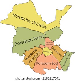 Pastel flat vector administrative map of POTSDAM, GERMANY with name tags and black border lines of its boroughs