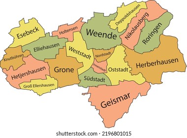 Pastel flat vector administrative map of GÖTTINGEN, GERMANY with name tags and black border lines of its districts