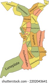 Pastel flat vector administrative map of BREMERHAVEN, GERMANY with name tags and black border lines of its quarters