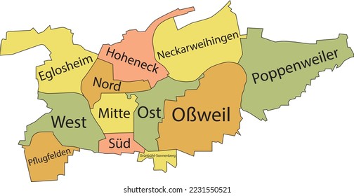 Pastel flat vector administrative map of LUDWIGSBURG, GERMANY with name tags and black border lines of its municipalities