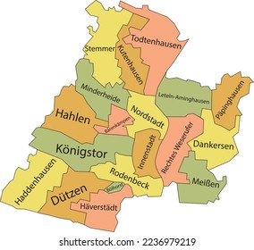 Pastel flat vector administrative map of MINDEN, GERMANY with name tags and black border lines of its quarters