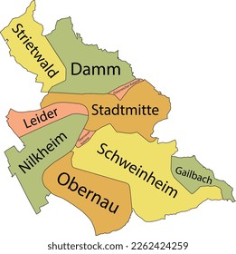 Pastel flat vector administrative map of ASCHAFFENBURG, GERMANY with name tags and black border lines of its boroughs
