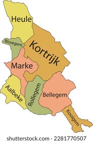 Pastel flat vector administrative map of KORTRIJK, BELGIUM with name tags and black border lines of its municipalities