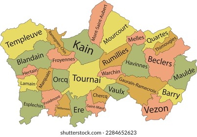 Pastel flat vector administrative map of TOURNAI, BELGIUM with name tags and black border lines of its municipalities