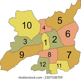 Pastel flat vector administrative map of RENNES, FRANCE with name tags and black border lines of its quarters