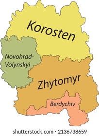 Pastel flat vector map of raion areas of the Ukrainian administrative area of ZHYTOMYR OBLAST, UKRAINE with black border lines and name tags of its raions