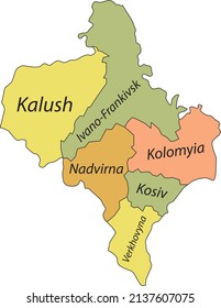 Pastel flat vector map of raion areas of the Ukrainian administrative area of IVANO-FRANKIVSK OBLAST, UKRAINE with black border lines and name tags of its raions