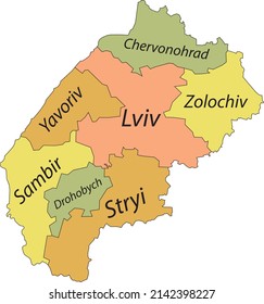 Pastel flat vector map of raion areas of the Ukrainian administrative area of LVIV OBLAST, UKRAINE with black border lines and name tags of its raions