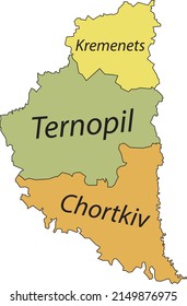 Pastel flat vector map of raion areas of the Ukrainian administrative area of TERNOPIL OBLAST, UKRAINE with black border lines and name tags of its raions