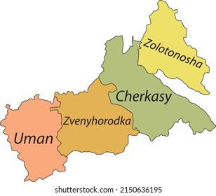 Mapa vectorial plano Pastel de las áreas de las lluvias del área administrativa ucraniana de CHERKASY OBLAST, UCRANIA con líneas fronterizas negras y etiquetas de nombre de sus áreas de lluvia