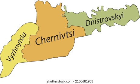 Pastel flat vector map of raion areas of the Ukrainian administrative area of CHERNIVTSI OBLAST, UKRAINE with black border lines and name tags of its raions