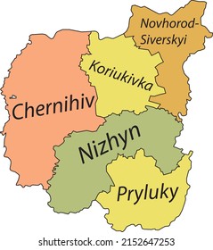 Pastel flat vector map of raion areas of the Ukrainian administrative area of CHERNIHIV OBLAST, UKRAINE with black border lines and name tags of its raions