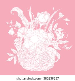 Pastel Floral  bouquet in a basket Pink and white. Vector illustration. The best for your design, textiles, posters or Valentines Day and wedding card