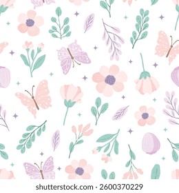 Pastel Floral and Butterfly Seamless Pattern – Soft Spring Garden with Wildflowers, Leaves, and Elegant Butterflies in Pink, Lavender, and Green for Fabric, Wallpaper, and Digital Design