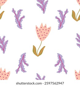 Pastel floral childlike hand drawn vector seamless pattern