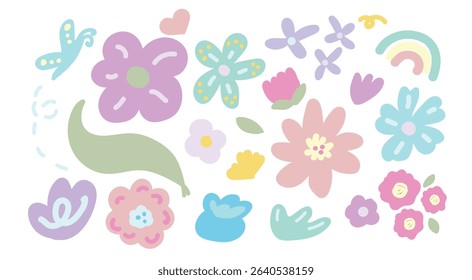 pastel floral decoration concept,Flower clipart Set 5.hand draw styles. butterfly, rainbow, flora, bloom Design for floral ornament cards, fabric patterns, beauty products ,baby,kids, female, softness