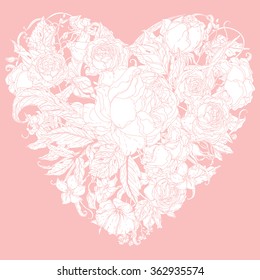 Pastel Floral Element  in heart shape. Pink and white. Vector illustration. The best for your design, textiles, posters, coloring book or Valentines Day card