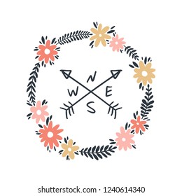 Pastel floral frame with compass. Hand drawn stylish nursery apparel. Vector illustration.