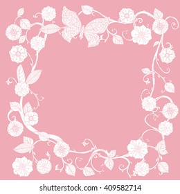 Pastel Floral  frameand a buterfly Pink and white. Vector illustration. The best for your design, textiles, posters or Valentines Day and wedding card
