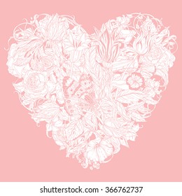 Pastel Floral heart as luxury bouquet with a butterfliy and tulips. Pink and white. Vector illustration. The best for your design, textiles, posters, coloring book or Valentines Day and wedding card
